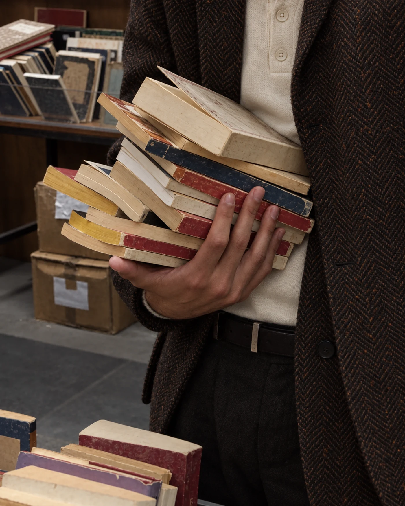 An editorial detail of a tweed jacket, a hand and well-read books